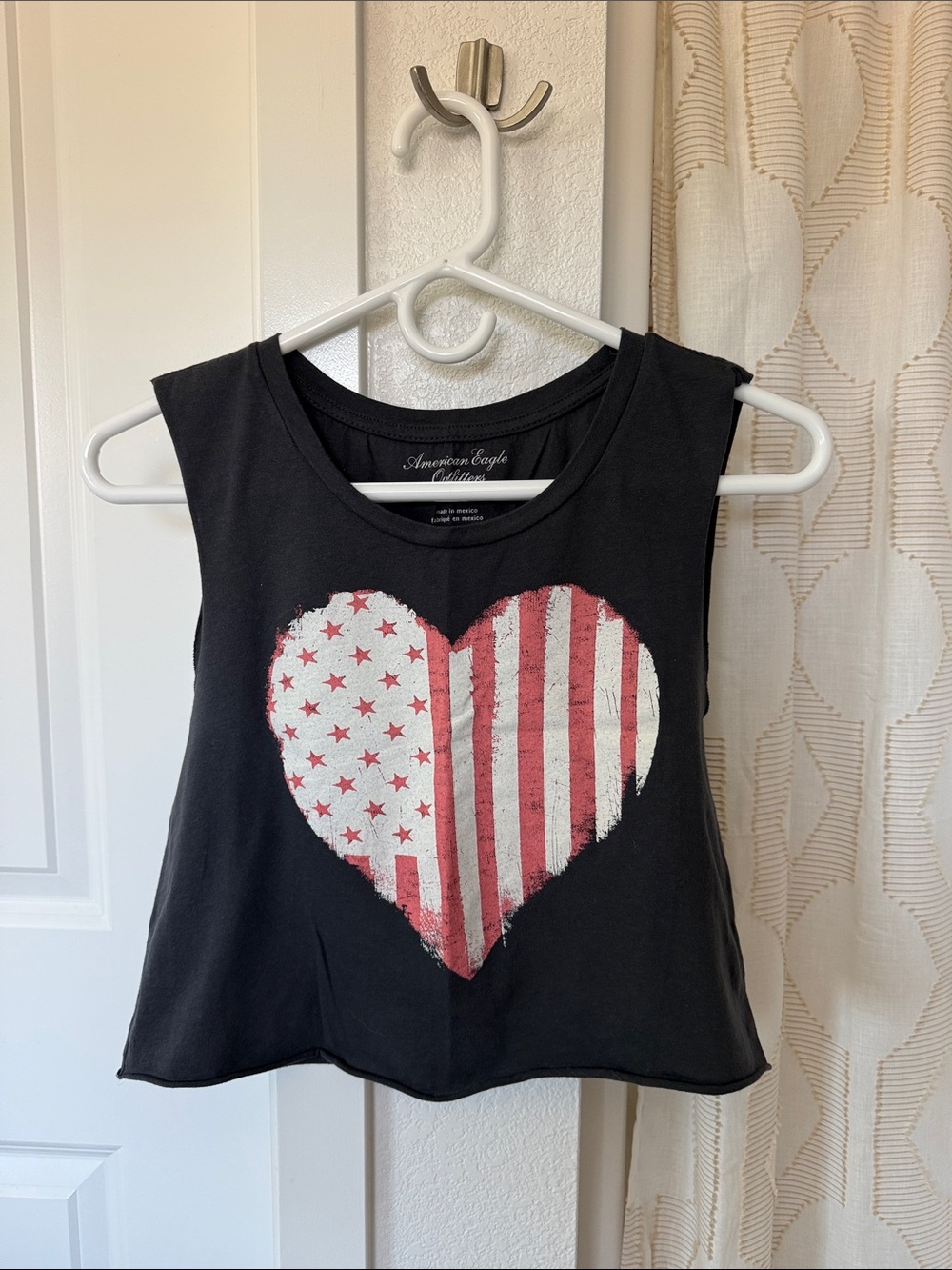 American Eagle Outfitters Dark Gray Tank Top with Red & White Heart Flag Graphic